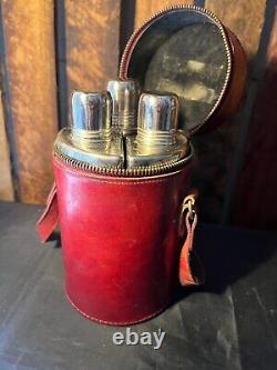 Luxury Burgundy Leather Triple Glass Flask Set Vintage Art Deco Style-England