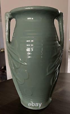 MC Coy 14 Art Pottery Embossed Sand Dollar Double Handled Green Floor Vase