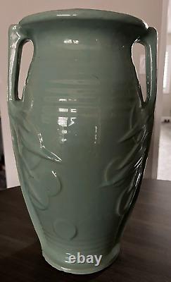 MC Coy 14 Art Pottery Embossed Sand Dollar Double Handled Green Floor Vase