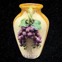 Majolica Grapes On Vine Twisted Handles Art Pottery Drip Glazed Vase 9T 6.5W