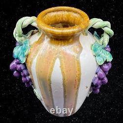 Majolica Grapes On Vine Twisted Handles Art Pottery Drip Glazed Vase 9T 6.5W