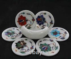 Marble Soft Drink Coaster Set Inlay Tea Coaster with Multi Gemstones 4.5 Inches