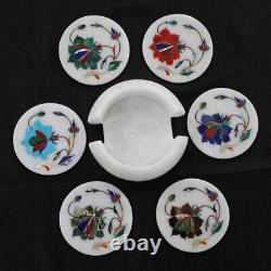 Marble Soft Drink Coaster Set Inlay Tea Coaster with Multi Gemstones 4.5 Inches