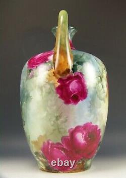 Master Painting Limoges France Hand Painted Roses Muscle Handled 13.5 Vase