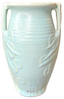 McCoy Art Deco Pottery Matte Aqua 14 1/2 Sand Dollar Double Handled Floor Vase