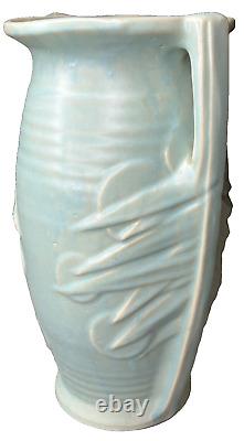 McCoy Art Deco Pottery Matte Aqua 14 1/2 Sand Dollar Double Handled Floor Vase