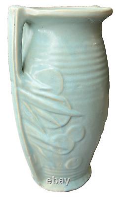 McCoy Art Deco Pottery Matte Aqua 14 1/2 Sand Dollar Double Handled Floor Vase