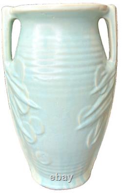 McCoy Art Deco Pottery Matte Aqua 14 1/2 Sand Dollar Double Handled Floor Vase