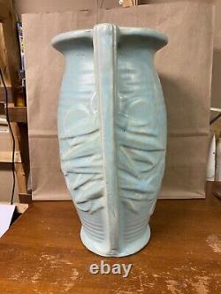 Mccoy 12 Pottery Embossed Sand Dollar Double Handled Turquoise Green Floor Vase