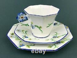Melba Art Deco Hand Paint Blue Pansy Flower Handle Trio Set Tea Cup Saucer Plate