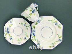 Melba Art Deco Hand Paint Blue Pansy Flower Handle Trio Set Tea Cup Saucer Plate