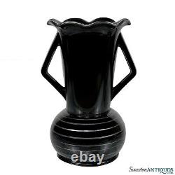 Mid-Century Art Deco Black Art Glass Ruffled Handle Vase