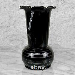 Mid-Century Art Deco Black Art Glass Ruffled Handle Vase