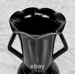 Mid-Century Art Deco Black Art Glass Ruffled Handle Vase