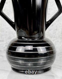 Mid-Century Art Deco Black Art Glass Ruffled Handle Vase