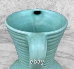 Mid-Century Art Deco Turquoise Pottery Sculptural Handle Vase