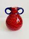Murano Red Art Glass Round Bulb Vase With Blue Wave Design/cobalt Blue Handles