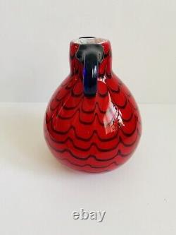 Murano Red Art Glass Round Bulb Vase with Blue Wave Design/Cobalt Blue Handles
