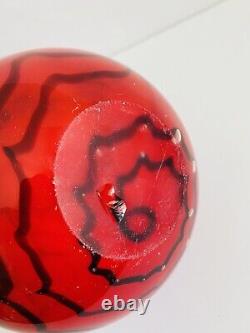Murano Red Art Glass Round Bulb Vase with Blue Wave Design/Cobalt Blue Handles