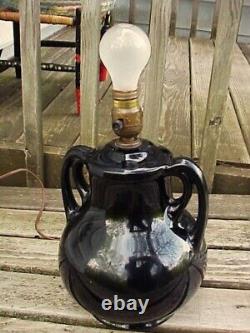 NICE Working Stangl Art Deco Gloss Black HANDLED POTTERY LAMP Incredible Handles