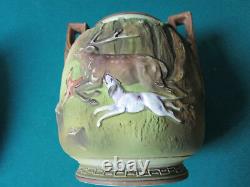 Nippon Japan Blow Out Design Deer Hunting Vase Jardiniere Bowl 2 Handles 71