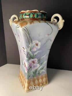 Noritake Nippon Art Deco Hand Painted & Enameled Gold Handle Floral Vase