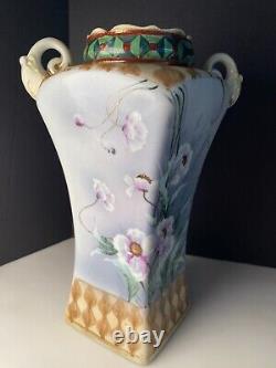 Noritake Nippon Art Deco Hand Painted & Enameled Gold Handle Floral Vase