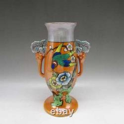 Old Noritake Art Deco Flower And Bird Sentence Vase With Grape Handle U4574