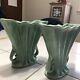 Pair Of Vintage Camark Green Two Handled Fluted Top Vases Art Deco Ex