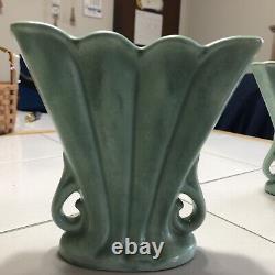 Pair Of Vintage Camark Green Two Handled Fluted Top Vases Art Deco EX