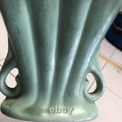 Pair Of Vintage Camark Green Two Handled Fluted Top Vases Art Deco EX