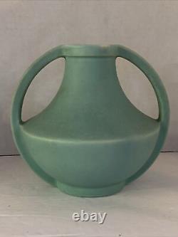 Pair of 2 Coors Art Deco Pottery Colorado Blue Matte Double Handled Vase Ceramic