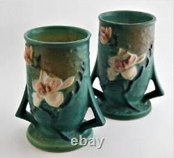Pair of Antique Roseville Vases Art Deco Magnolia Double Handled 87-6 Circa 1943