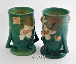 Pair of Antique Roseville Vases Art Deco Magnolia Double Handled 87-6 Circa 1943