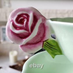 Paragon Pink Rose Handle Bone China Footed Tea Cup Saucer Green Vintage NO BOX