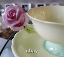 Paragon Pink Rose Handle Bone China Footed Tea Cup Saucer Yellow Vintage NO BOX