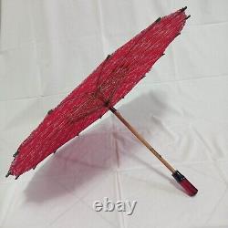 Parasol Art Deco Red Colorful with Bakelite Cherry Handle & Wooden Shaft VTG 30s