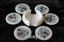 Peacock Pattern Table Master Piece White Round Marble Tea Coaster for Home 4.5