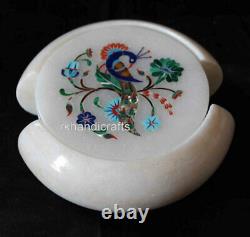 Peacock Pattern Table Master Piece White Round Marble Tea Coaster for Home 4.5