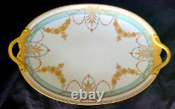 Pickard 14.5 Platter Jeweled Art Deco Heavy Gold Handles Hand Painted Flowers