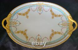 Pickard 14.5 Platter Jeweled Art Deco Heavy Gold Handles Hand Painted Flowers