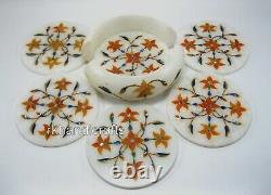 Pietra Dura Art Table Master Piece White Marble Tea Coaster for Home 4.5 Inch