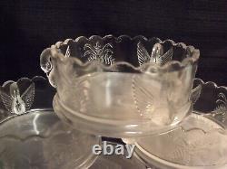 Pretty Antique Art Deco Swan Handled Frosted / Clear Scallop Edge Berry Bowl Set