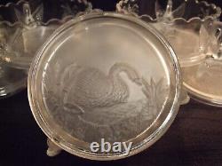 Pretty Antique Art Deco Swan Handled Frosted / Clear Scallop Edge Berry Bowl Set