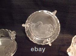 Pretty Antique Art Deco Swan Handled Frosted / Clear Scallop Edge Berry Bowl Set