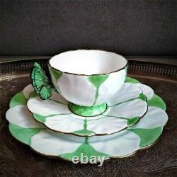 RARE Green & White Aynsley Butterfly handle Art Deco Teacup Saucer Side Plate