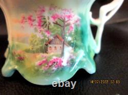 RARE R S PRUSSIA MUSTARD POT SHEEPHERDER PINK BLOOMS HOUSE JEWEL MOLD With SPOON