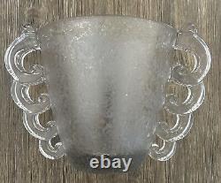 Rare 1930 DAUM D'Avesn France Crystal Clear Etch Glass Vase Loop Handles Deco