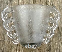 Rare 1930 DAUM D'Avesn France Crystal Clear Etch Glass Vase Loop Handles Deco