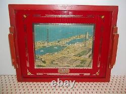 Rare 1933 Chicago Worlds Fair Handle Art Deco Wooden Layout Tray Mirror Souvenir